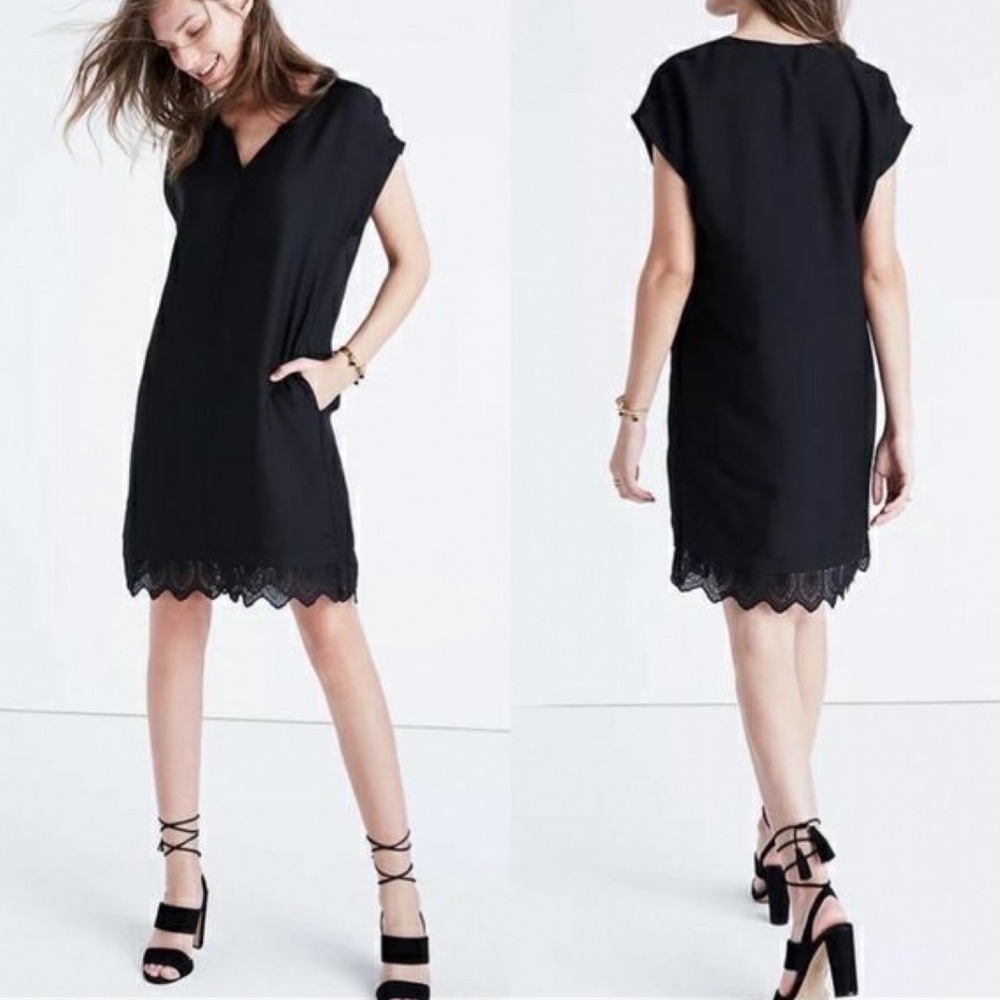 Madewell Duskway Eyelet Shift Dress Black F6974 Small‎ Lace Hem Pocket Mini